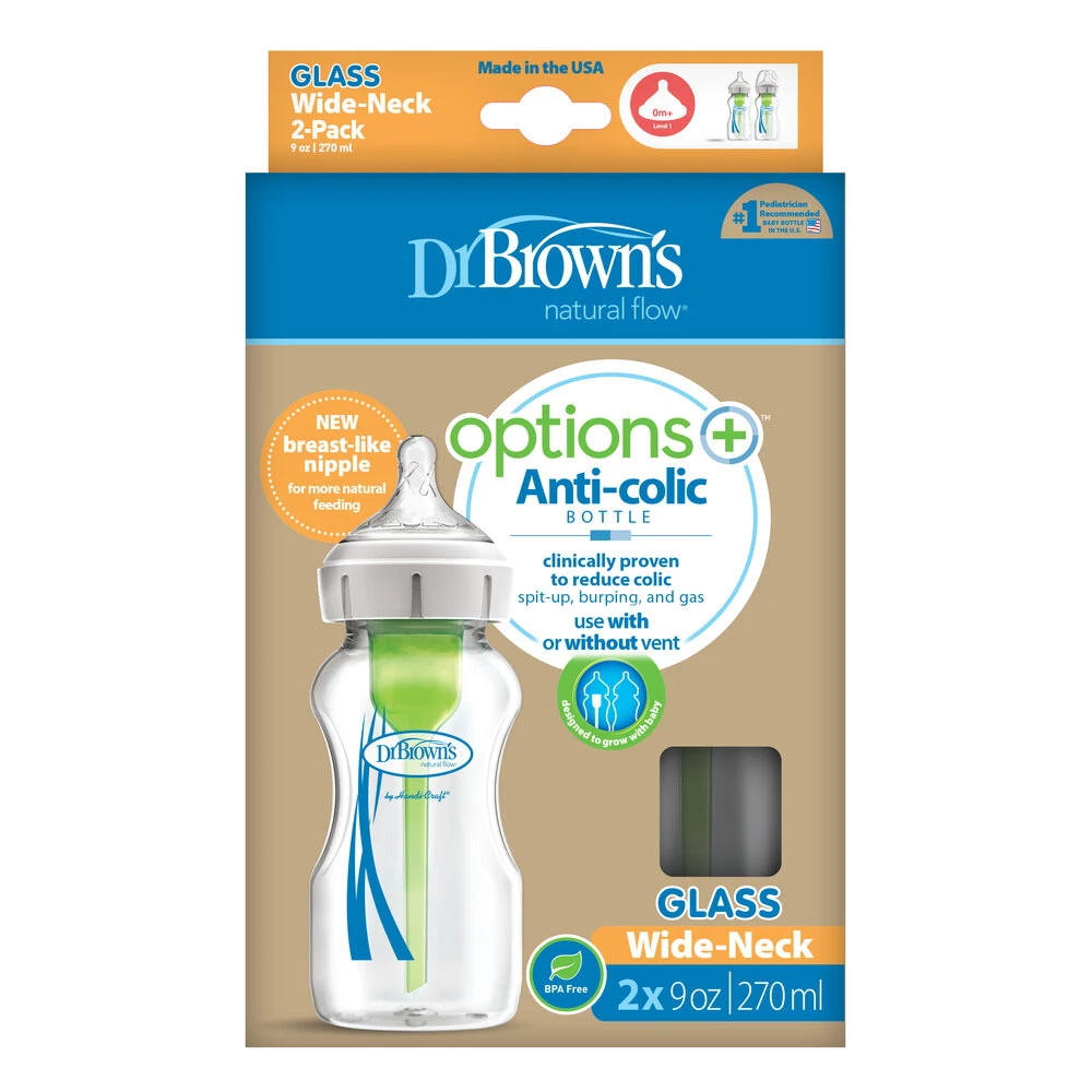 Dr. Brown's Dr Brown's Options+ Anti-colic 2-pack Brede Hals Glazen Fles WB92700-P2 4 Dr. Brown's Dr Brown's Options+ Anti-colic 2-pack Brede Hals Glazen Fles WB92700-P2 - Afbeelding 2